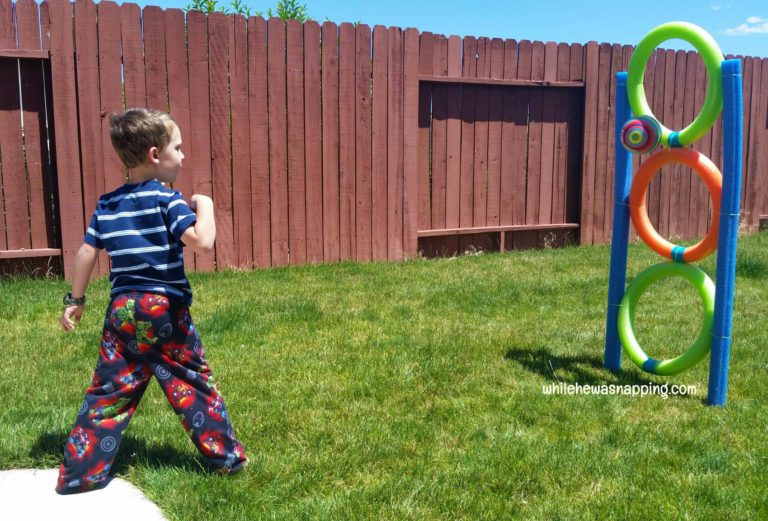 Pool Noodle DIY Toss Game While He Was Napping