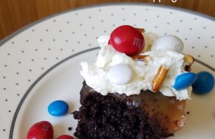 Chocolate Caramel Poke Cake M&M's and Skittles RWB