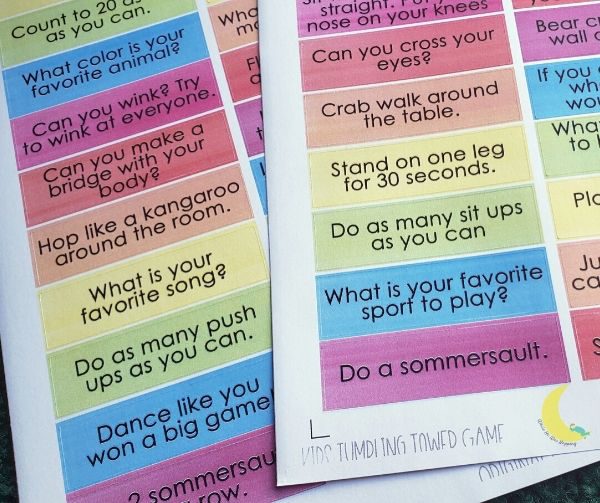 Create a custom Kids Tumbling Tower Game with fun prompts on each block to help your kids get their wiggles out! 